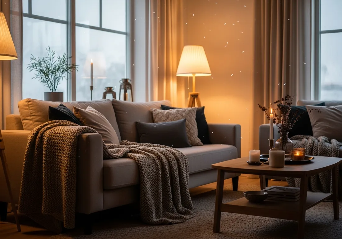 Salon chaleureux et lumineux en hiver, chauffé par une pompe à chaleur tandis qu'il neige dehors — le confort d'un chauffage propre et silencieux