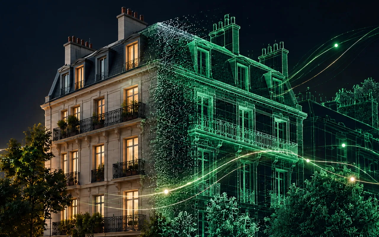 Illustration d’un immeuble parisien dont la façade se transforme en nuage de points émeraude