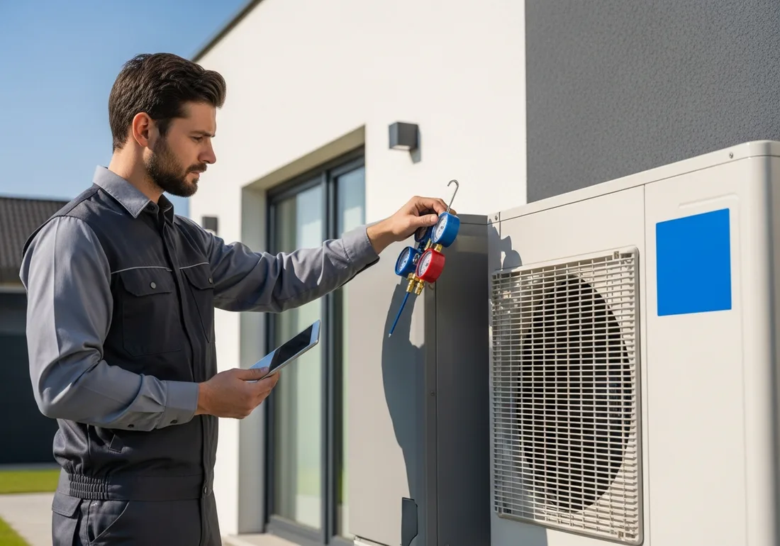 Technicien RGE réglant et mettant en service une pompe à chaleur à l'aide d'instruments de mesure — un dimensionnement précis au cœur de la performance