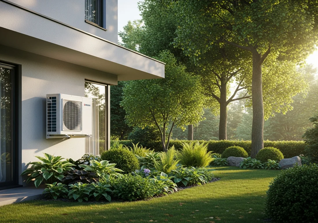 Pompe à chaleur air/eau installée le long d'une maison entourée d'un jardin verdoyant — une énergie propre à portée de main