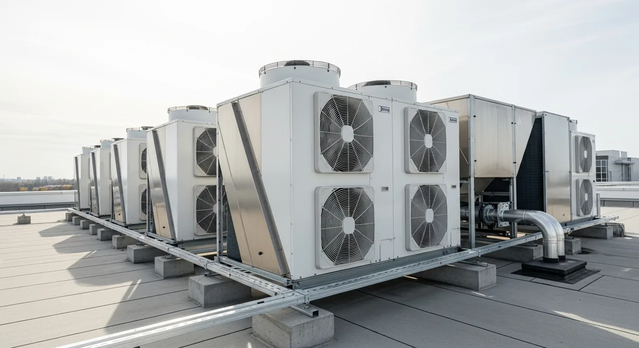 Pompes à chaleur de forte puissance installées sur le toit d'un bâtiment tertiaire — une technologie thermodynamique éprouvée dans l'industrie depuis des décennies