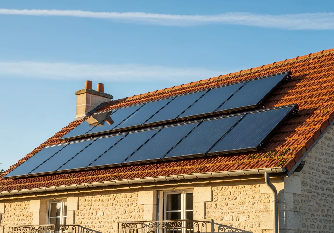 Panneaux solaires thermiques posés en toiture d'une maison pour le chauffage solaire et l'eau chaude — installation financée dès 1 € par VERT AVENIR®