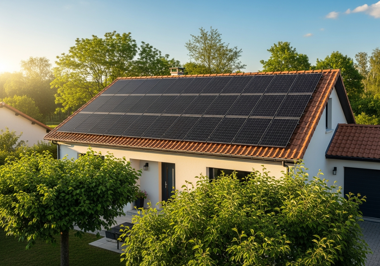 Panneaux solaires photovoltaïques installés sur la toiture d'une maison