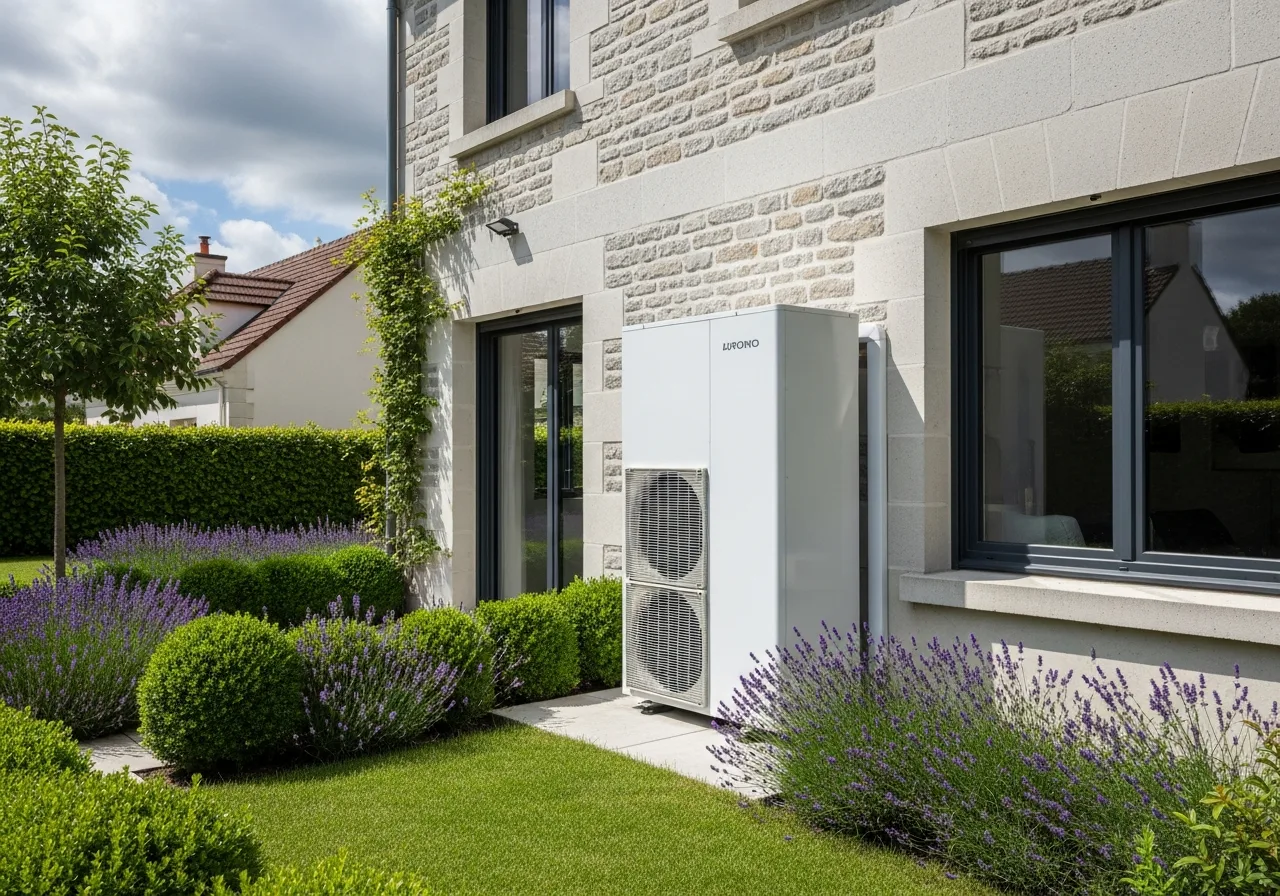 Pompe à chaleur air/eau installée contre la façade d'une maison rénovée — chauffage décarboné financé dès 1 € par VERT AVENIR®