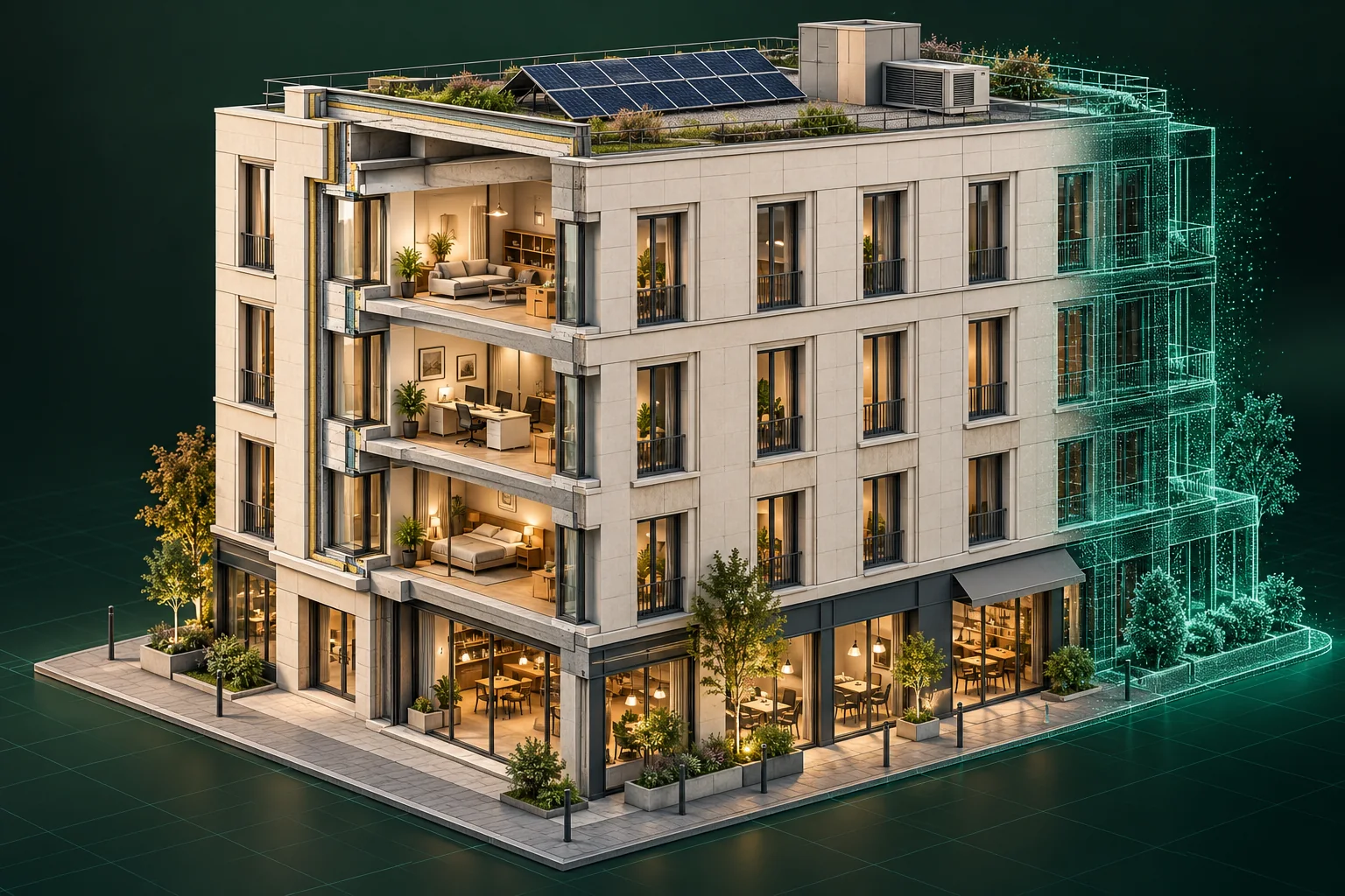 Illustration conceptuelle d’un bâtiment en coupe montrant l’enveloppe, la circulation d’air et les équipements techniques