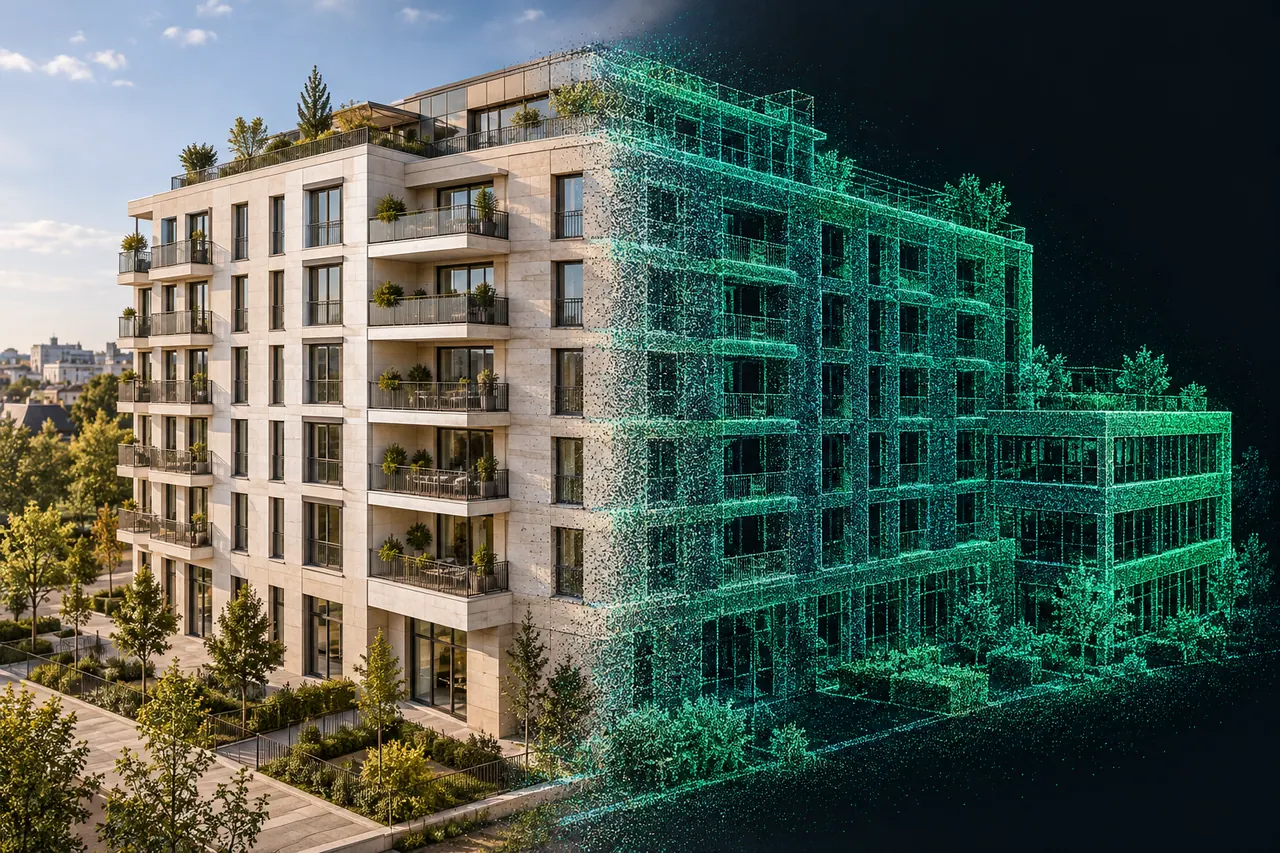 Illustration conceptuelle d’un même bâtiment, entre façade réaliste et représentation en nuage de points