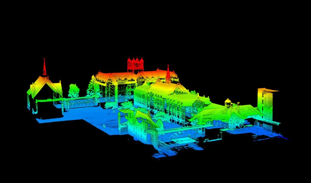 Nuage de points représentant les volumes et les toitures d’un édifice patrimonial