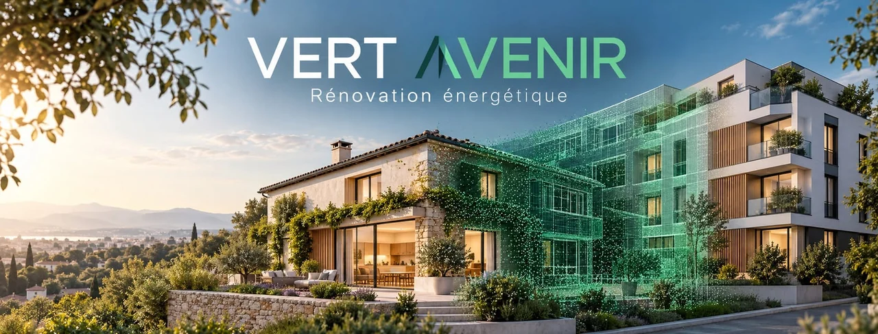VERT AVENIR — Rénovation énergétique : illustration conceptuelle d’une maison et d’un immeuble prolongés en nuage de points LiDAR.